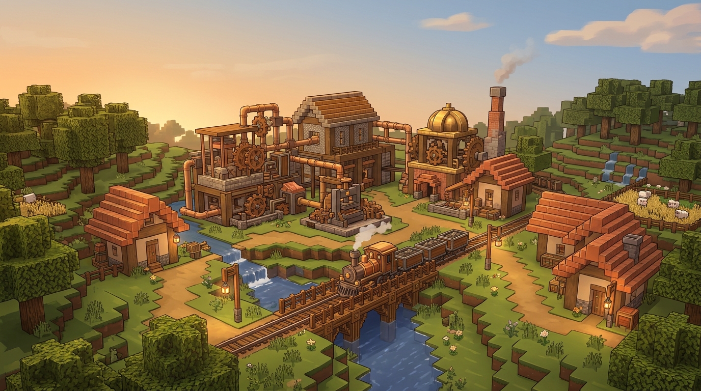 A cozy factory with Create cogwheels and a steam train on a bridge